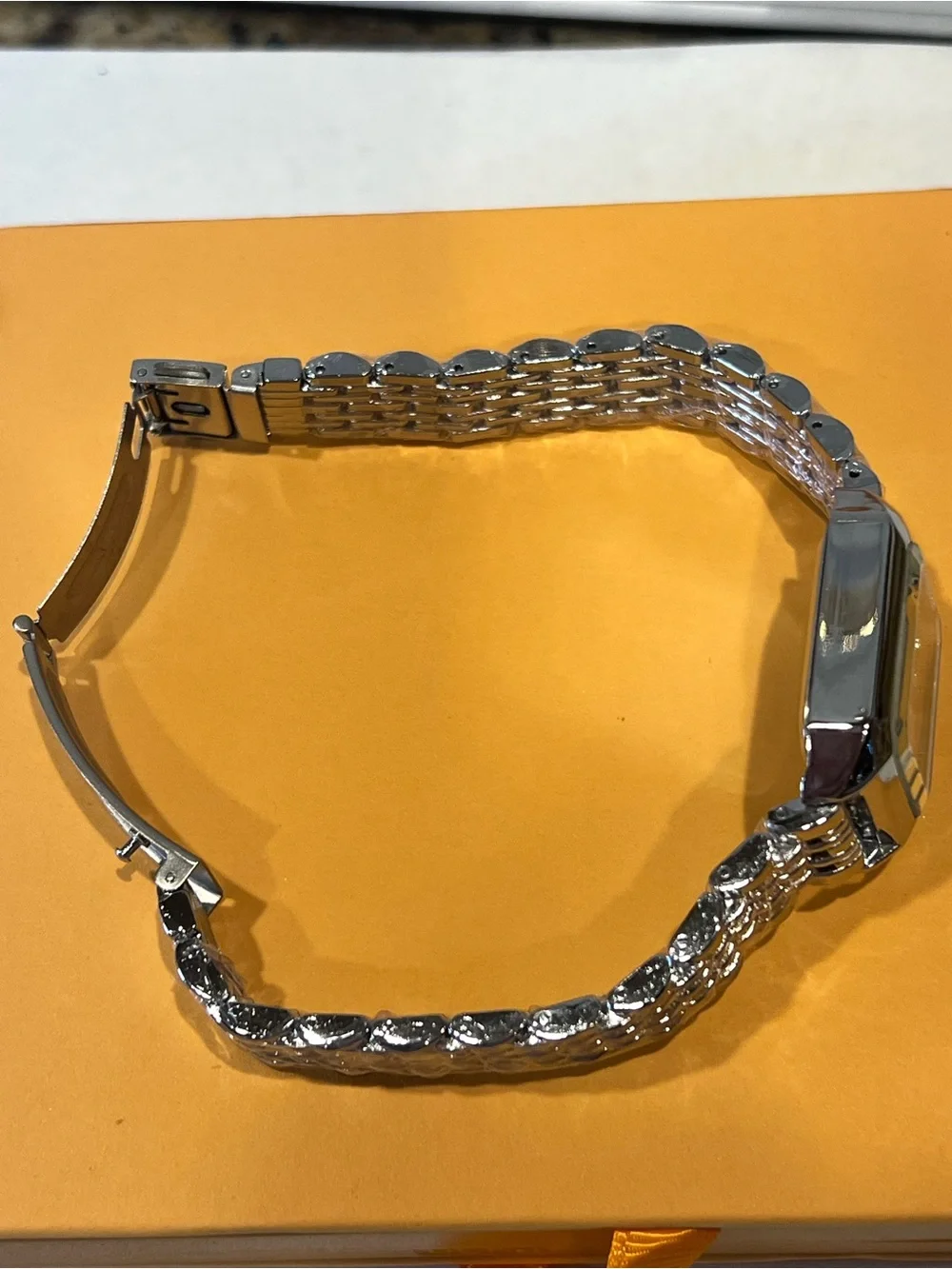 XIMILI Silver-Tone Rectangular Bracelet Watch with Black Dial